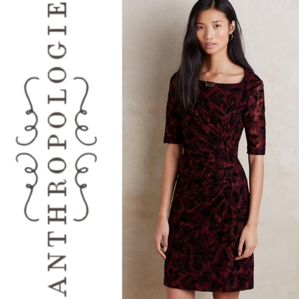 Anthropologie Maeve Elorn Lace Dress Ruched Waist Size 10 Black/Burgundy